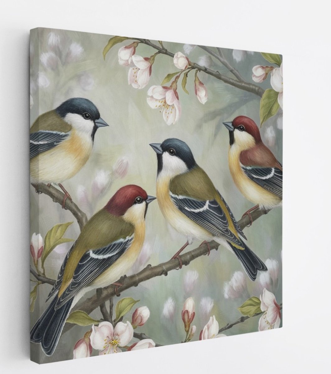 Saammp Canvas Schilderij - 4 Kolibries - Dieren - Bloemen - 60x60 - Foto op canvas - Wanddecoratie - muurdecoratie Woonkamer - Slaapkamer decoratie - Canvas Print Multicolor