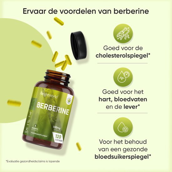 Capsules WeightWorld Berbérine 500 mg - Épine-vinette - 120 capsules pour 4 mois - 95 % HCL Supplément de berbérine