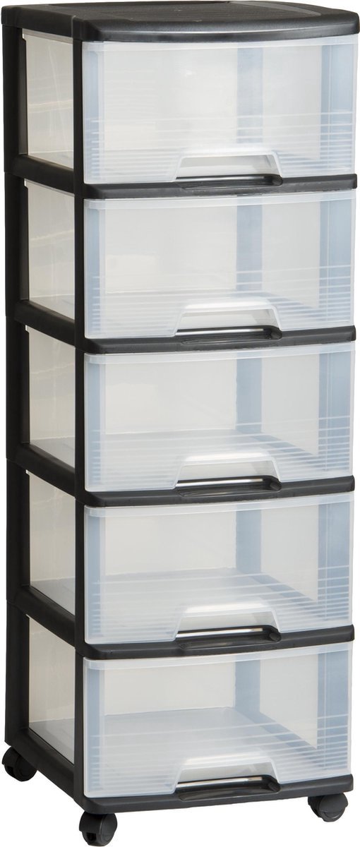 Pluto® - Organizer Chest ladesysteem - 5 middelgrote lades - 5 x 20L - Kunststof - Met Wielen - Zwart/Transparant