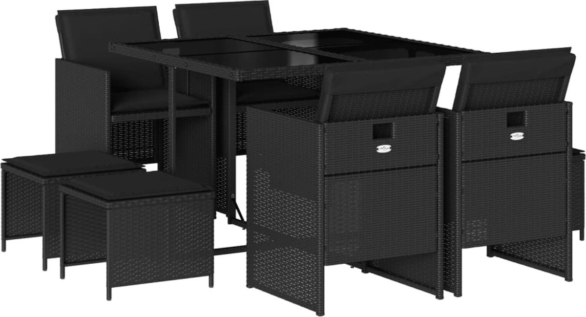 The Living Store 9-delige Tuinset poly rattan zwart - Tuinmeubles - Buitentafels - Lounge Set - Bistro Set - Eetkamerset