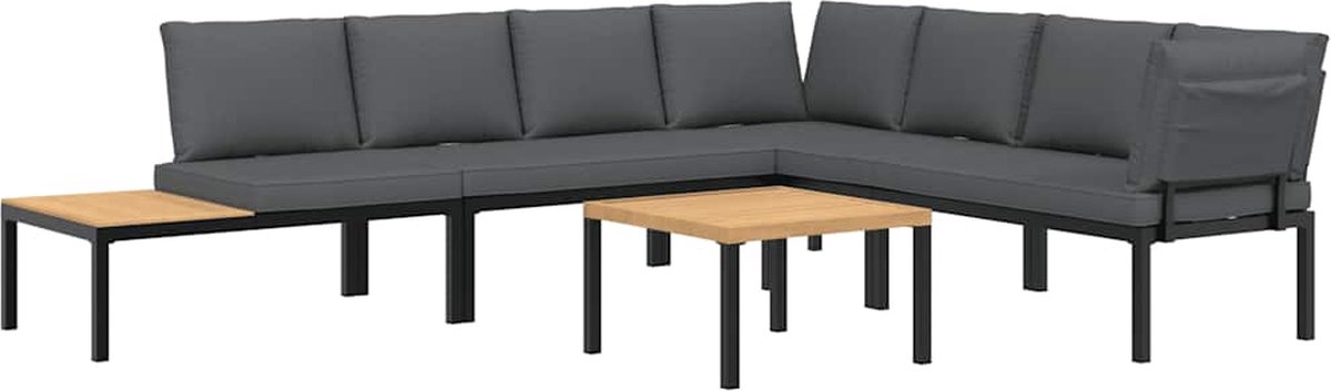 Zwarte aluminium loungeset met kussens voor tuindecoratie.