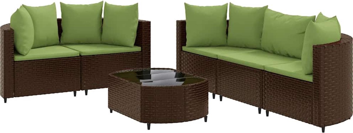 The Living Store 6-delige Loungeset met kussens poly rattan bruin - Loungebank - Lounge Set - Buitendecoratie - Tuinmeubels - Pe Rattan