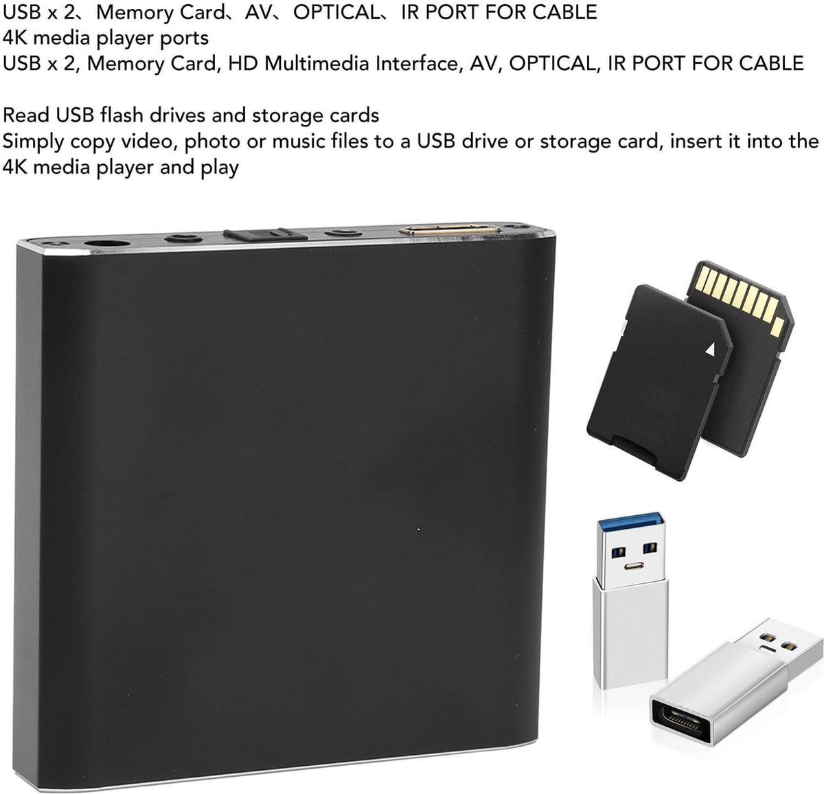 4K Ultra HD-Mediaspeler, USB 3.0 Streaming Mediaspeler, voor USB-drives en SD-kaarten, Liggende en Staande Weergave, HDMI en Analoog AV, Automatisch Afspelen en (EU-stekker