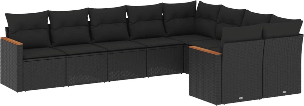 The Living Store 9-delige Loungeset met kussens poly rattan zwart - Loungebank - Tuinset - Lounge Set - Tuinbank - Outdoor Furniture
