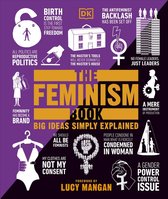 Boekomslag van 'The Feminism Book', met de tekst 'Big Ideas Simply Explained' in grote letters. Iconen en citaten over feminisme en vrouwenrechten.