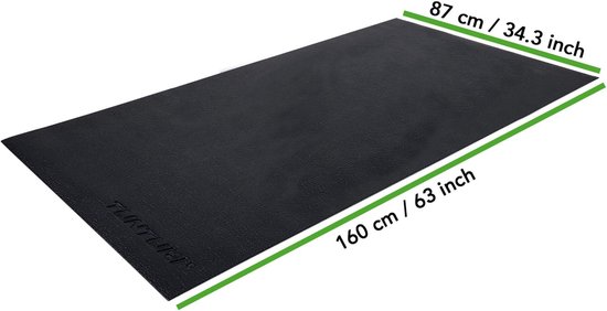 Zwarte Tunturi fitnessmat van 160 cm bij 87 cm, getoond op witte achtergrond.