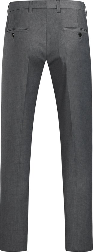 Achterkant van een grijze kostuum broek met twee achterzakken.