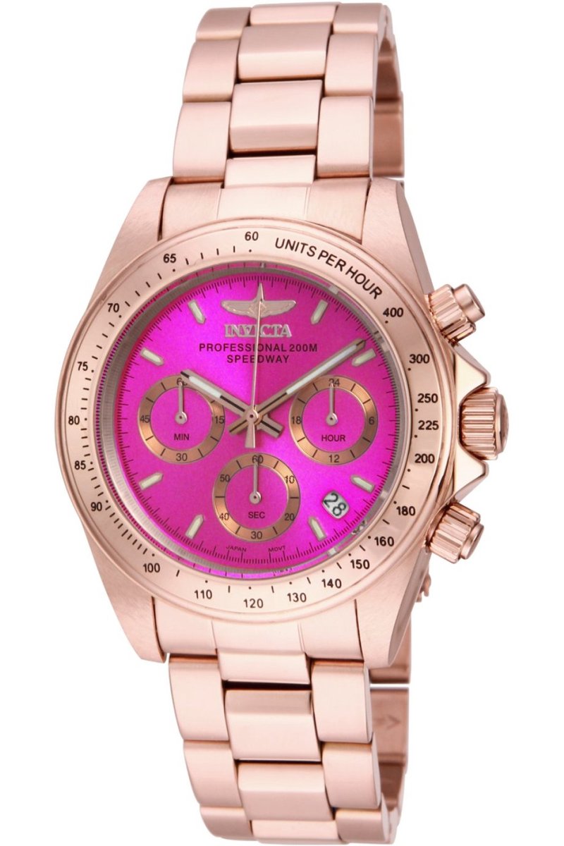 Invicta Speedway 16657 Dames Horloge - Waterdicht - Analoog - Quartz Uurwerk - Roestvrij Staal met roze Wijzerplaat - 39mm