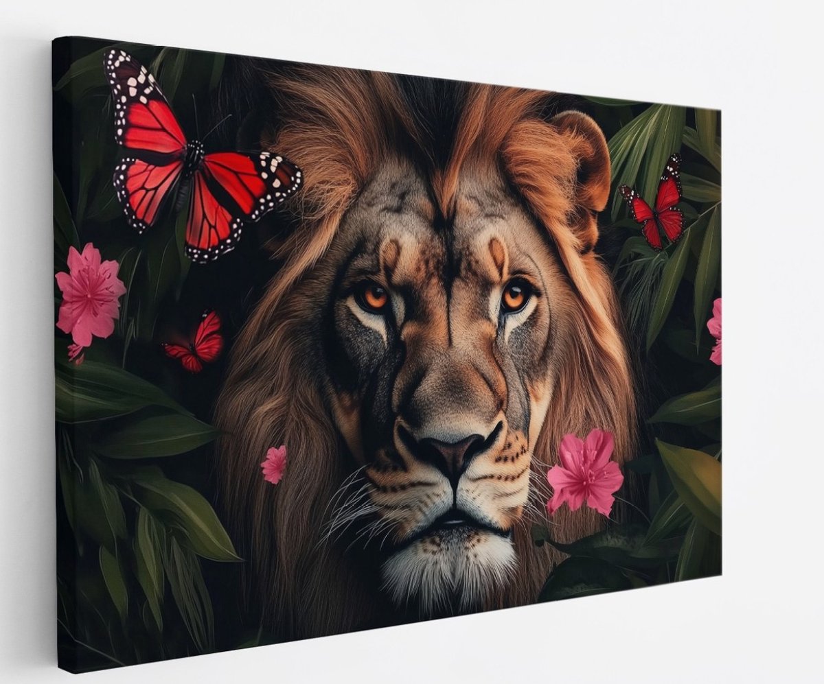 Saammp Canvas Schilderij - Leeuw tussen vlinders en bloemen - Dieren - Natuur - 70x50 - Foto op canvas - Wanddecoratie - Muurdecoratie Woonkamer - Slaapkamer decoratie - Canvas Print Multicolor