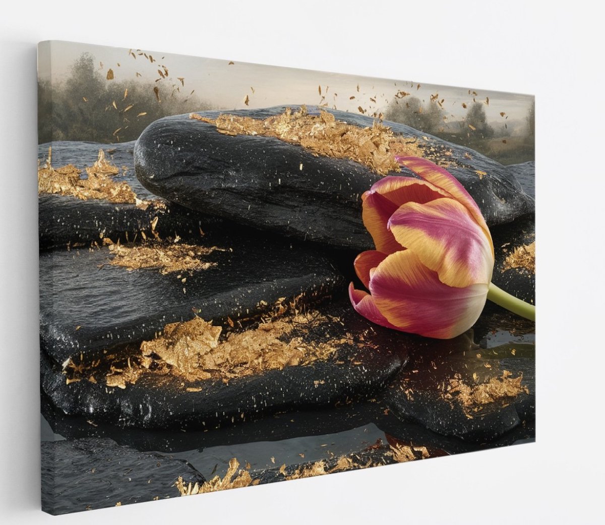 Saammp Canvas Schilderij - Tulp op Steen - Rust - Abstract - 40x30 - Foto op canvas - Wanddecoratie - Muurdecoratie Woonkamer - Kantoor Decoratie Multicolor