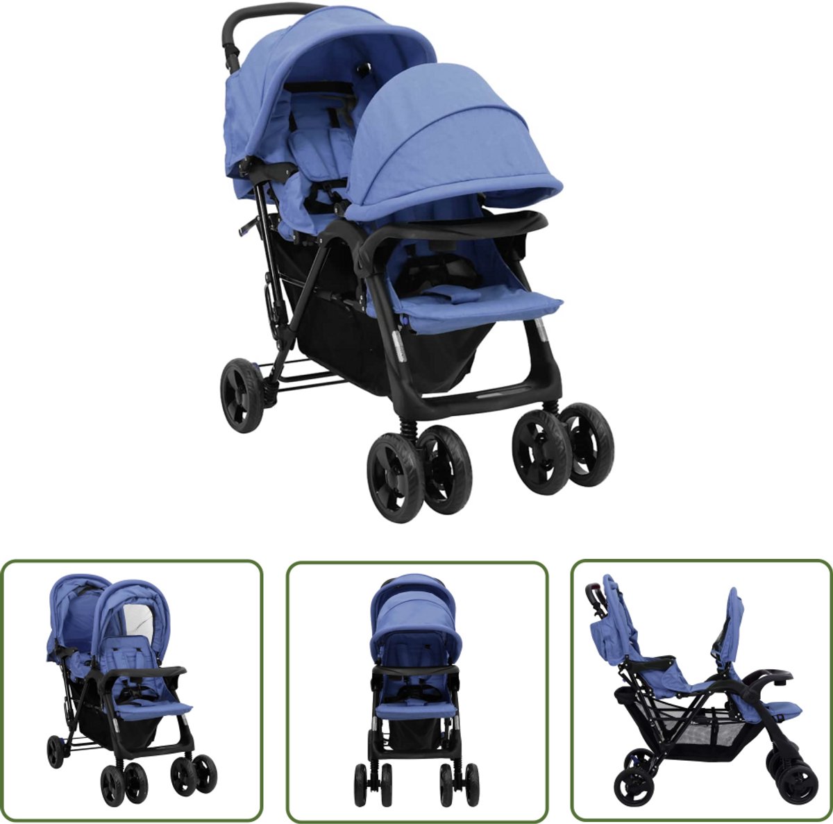 vidaXL Tandem Kinderwagen Tweeling Staal Marineblauw - Product - €240,95