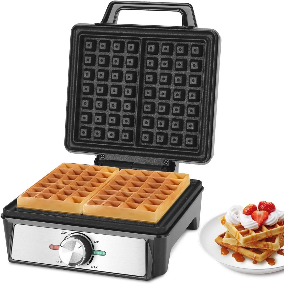 Wafelijzer voor 2 Belgische Wafels - 1600 W, Instelbare Temperatuur en LED-Display - Compact en Antiaanbaklaag