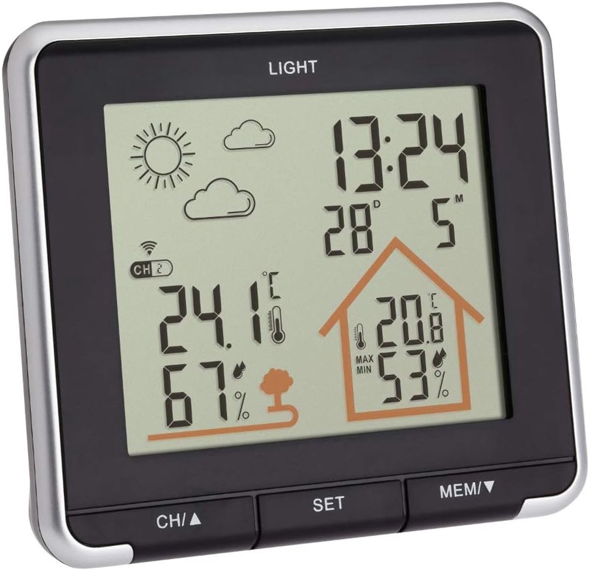Draadloos Weerstation met Buitensensor, Temperatuur- en Luchtvochtigheidsmeting, Kleurendisplay, Achtergrondverlichting en Weersymbolen