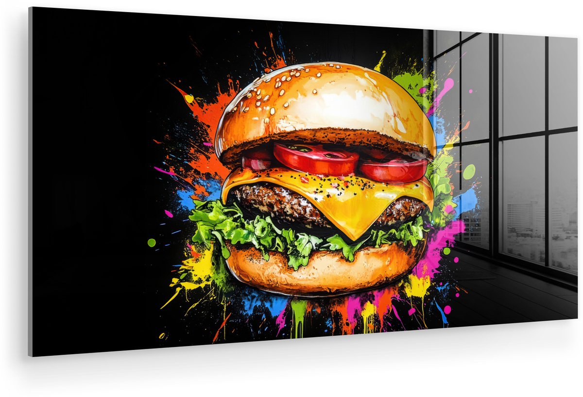 MuchoWow® Glasschilderij 80x40 cm - Schilderij acrylglas - Hamburger - Graffiti - Verf - Kleurrijk - Eten - Abstract - Foto op glas - Muurdecoratie woonkamer - Wanddecoratie slaapkamer - Schilderijen