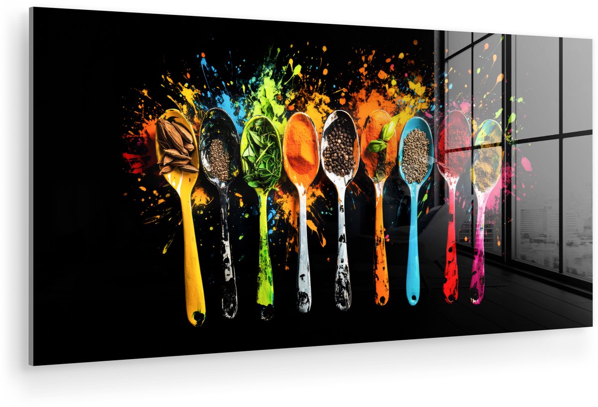 MuchoWow® Glasschilderij 120x60 cm - Schilderij acrylglas - Lepels - Kruiden - Modern - Gr