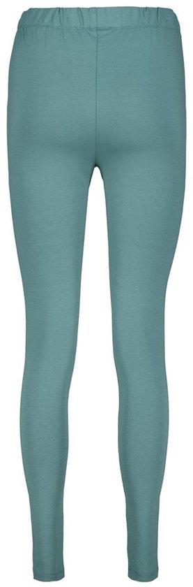 Zalmkleurige legging van achteren gezien, met elastische tailleband.