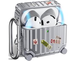 Casemania Koffer Hoesje Geschikt voor Apple AirPods 4 - Zilver - Schokbestendig Suit Case Cover - Inclusief DIY Stickers & Karabijnhaak