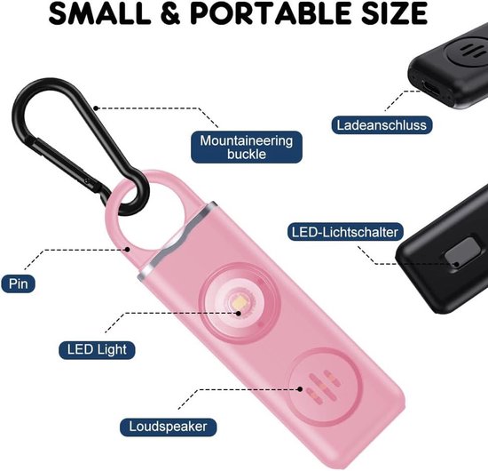 OQIMAX Persoonlijk alarm, zakalarm, 130 dB, sirene met led-zaklamp, trilalarm voor vrouwen, USB-oplaadbaar, zelfverdediging, sirene, sleutelhanger voor kinderen, senioren, vrouwen, veiligheid