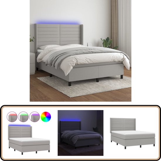 vidaXL Boxspring met matras en LED - 140x200 cm - Lichtgrijs Boxspring ...
