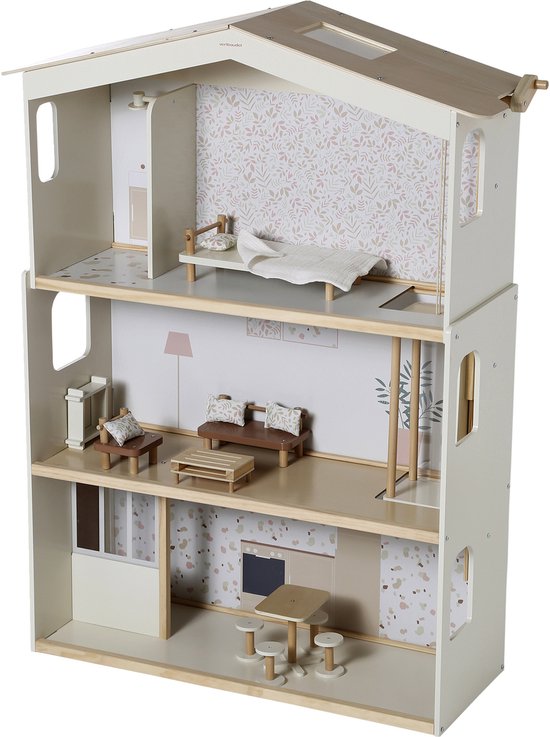 Houten poppenhuis van Vertbaudet met drie verdiepingen, meubels, bloemenbehang en terrazzo-accenten.