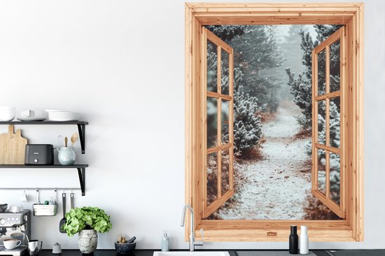 Stickers muraux - Feuille autocollante - Forêt - Hiver - Arbres - Nature - Chemin - Vue - 120x160 cm - Film adhésif - Stickers muraux chambre d'enfant - Papier peint autocollant XXL - Papier peint autocollant - Feuille autocollante