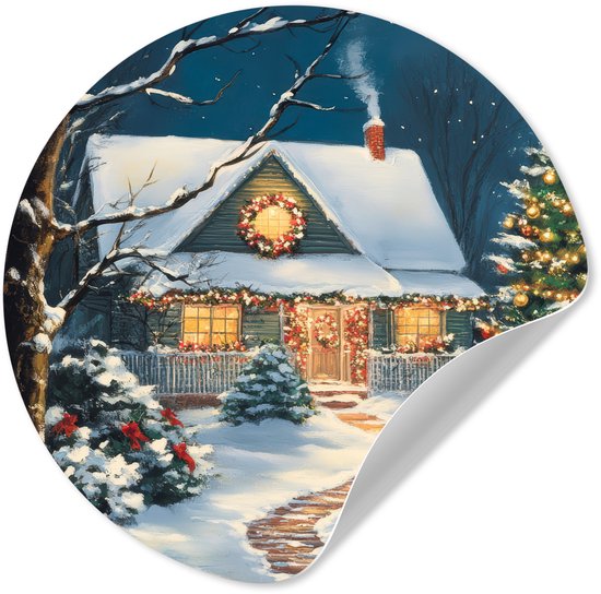 WallCircle® - Behangcirkel 100x100 cm - Muurstickers Kerst - Kerstboom - Winter - Huis - Sneeuw - Muurcirkel woonkamer - Wandcirkel - Kamer decoratie zelfklevend - Muurdecoratie - Kerstdecoratie voor binnen - Kerstversiering - Kerstmis versiering XXL