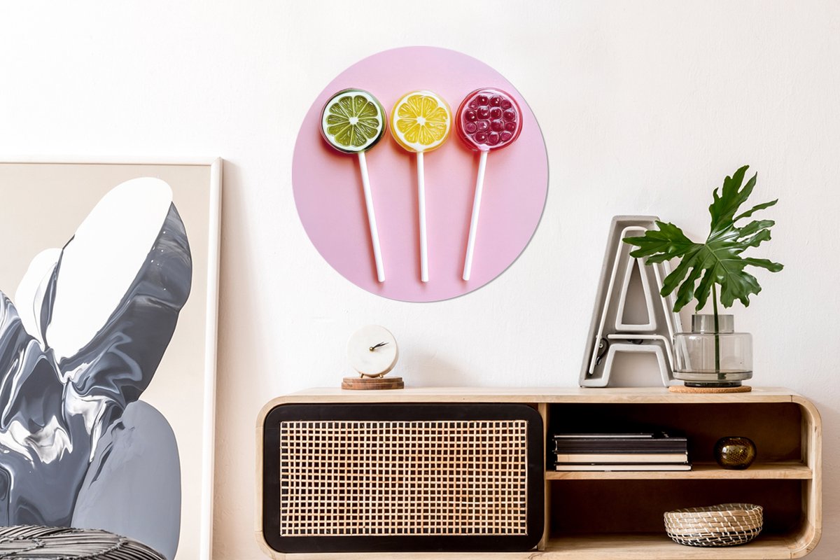 WallCircle Wandcirkel - Muurcirkel - Lolly - Snoep - Citrus - Aluminium - Dibond - 60x60 cm - Binnen en Buiten