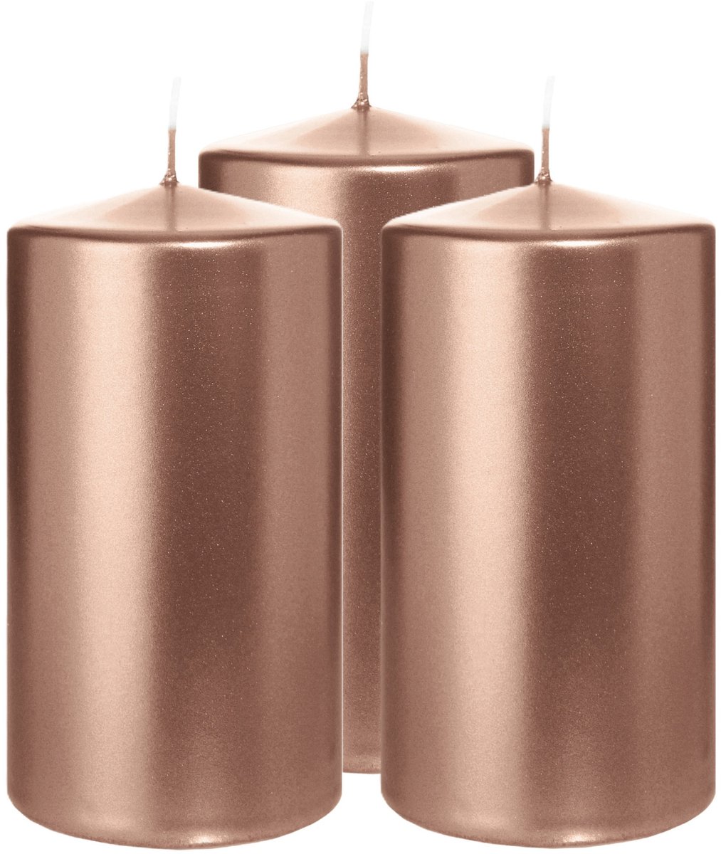 Wiedemann Cilinderkaars/stompkaars - 3x - metallic roségoud - 13 x 7 cm - 52 branduren - zuilkaarsen Rose goud