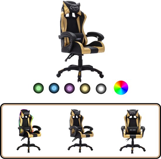 Delman Gamingstoel, bureaustoel, gamingstoel met led, RGB-verlichting, draaistoel, dikke bekleding, metalen voet, voetensteun 02-0055 (zwart