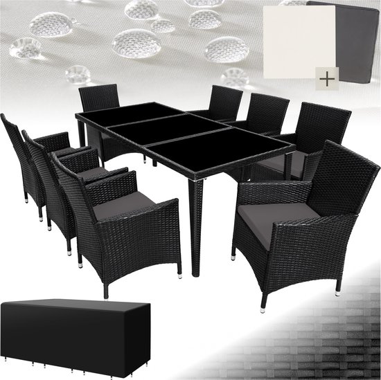 tectake® Aluminium wicker Tuinmeubelset - 8 Stoelen met Tafel met Glazen Blad - Inclusief 2 Hoezensets en Beschermhoes - Weerbestendig Balkonmeubilair - Zwart