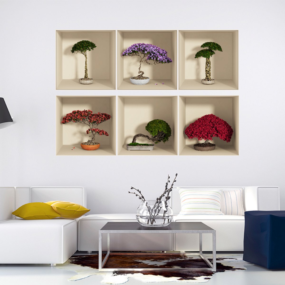Ambiance Sticker Set van 6 veelkleurige 3D bonsai-boomstickers, 60 x 90 cm Multi color