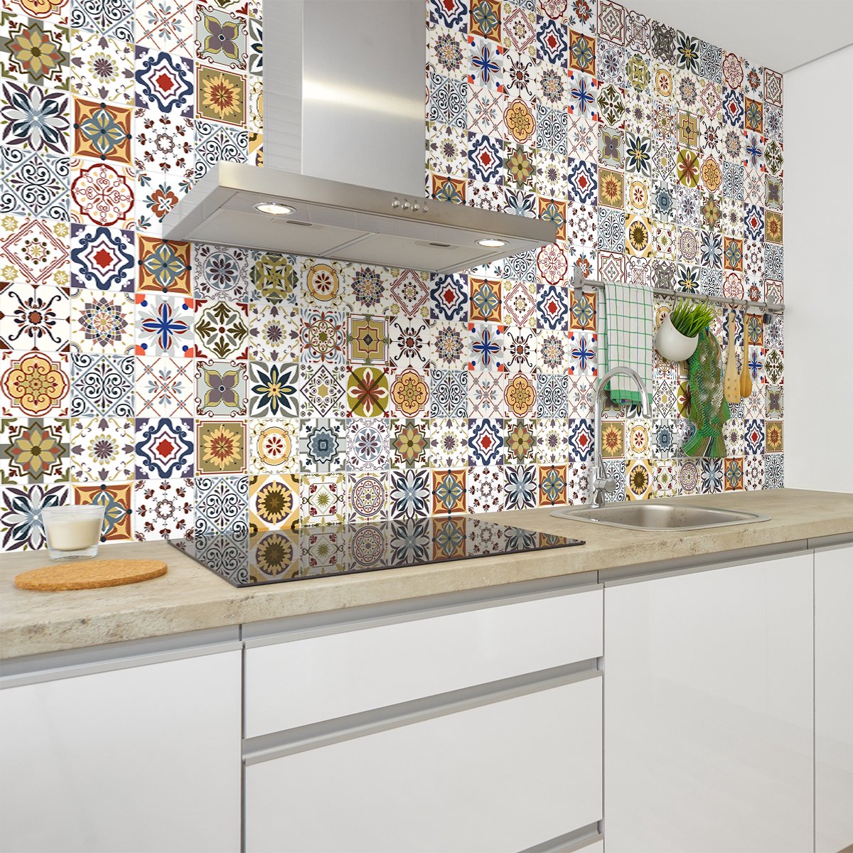 Ambiance Sticker Zelfklevende tegelmuurstickers voor keuken en badkamer - 60 cementtegelstickers (Azulejos Tinea) - 60 stickers, 15x15cm Multi color