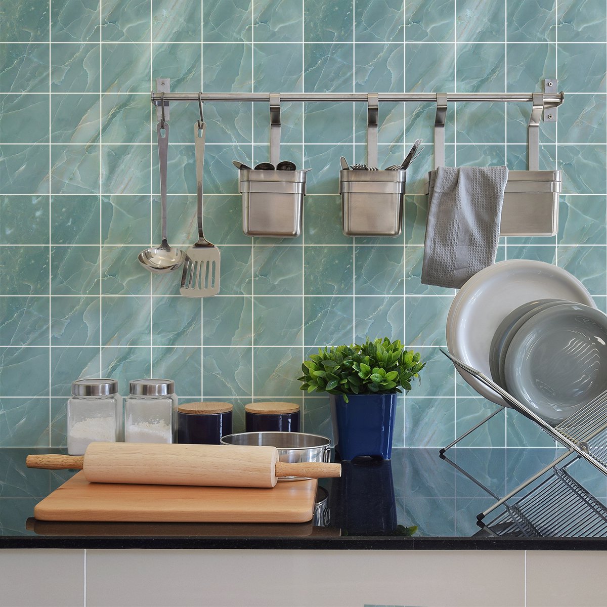 Ambiance Sticker Zelfklevende tegelmuurstickers voor keuken en badkamer - 30 EIBA blauwe marmeren tegelstickers - 30 stickers 10x10cm Multi color
