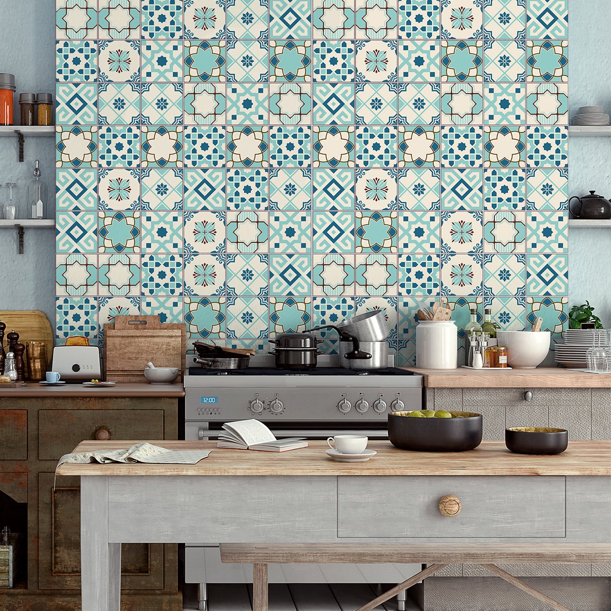 Ambiance Sticker Zelfklevende tegelmuurstickers voor keuken en badkamer - 30 cementtegelstickers, Azulejos-stijl, Franzy - 30 stickers, 10x10 cm Multi color
