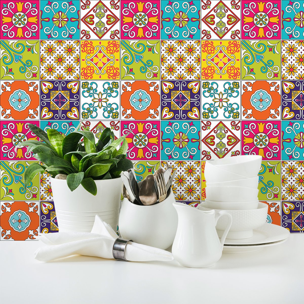Ambiance Sticker Zelfklevende tegelmuurstickers voor keuken en badkamer - 9 cementtegelstickers, Azulejos Ermino - 9 stickers, 10x10cm Multi color