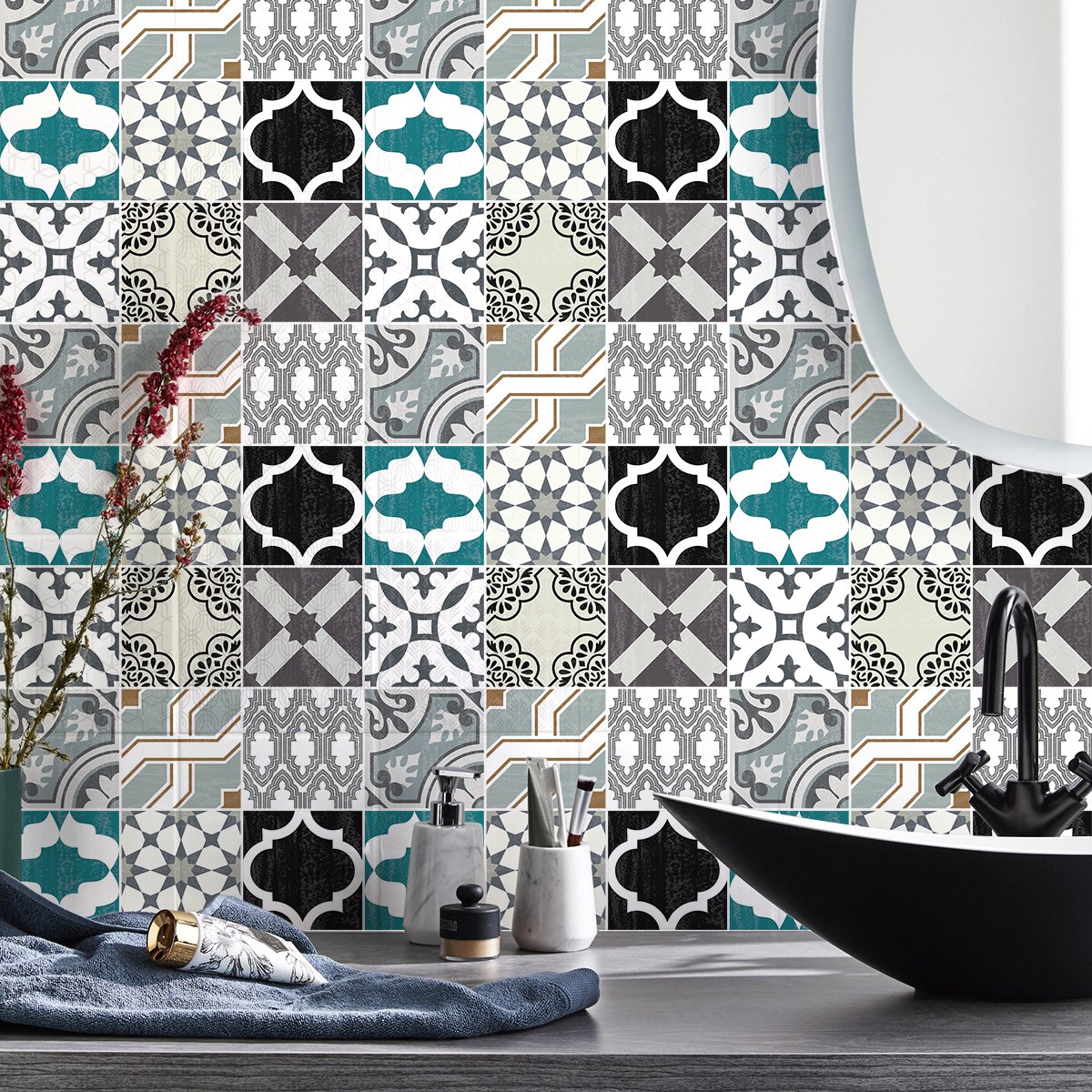 Ambiance Sticker Zelfklevende tegelmuurstickers voor keuken en badkamer - 9 authentieke Zavuio cementtegelstickers - 9 stickers 10x10cm Multi color