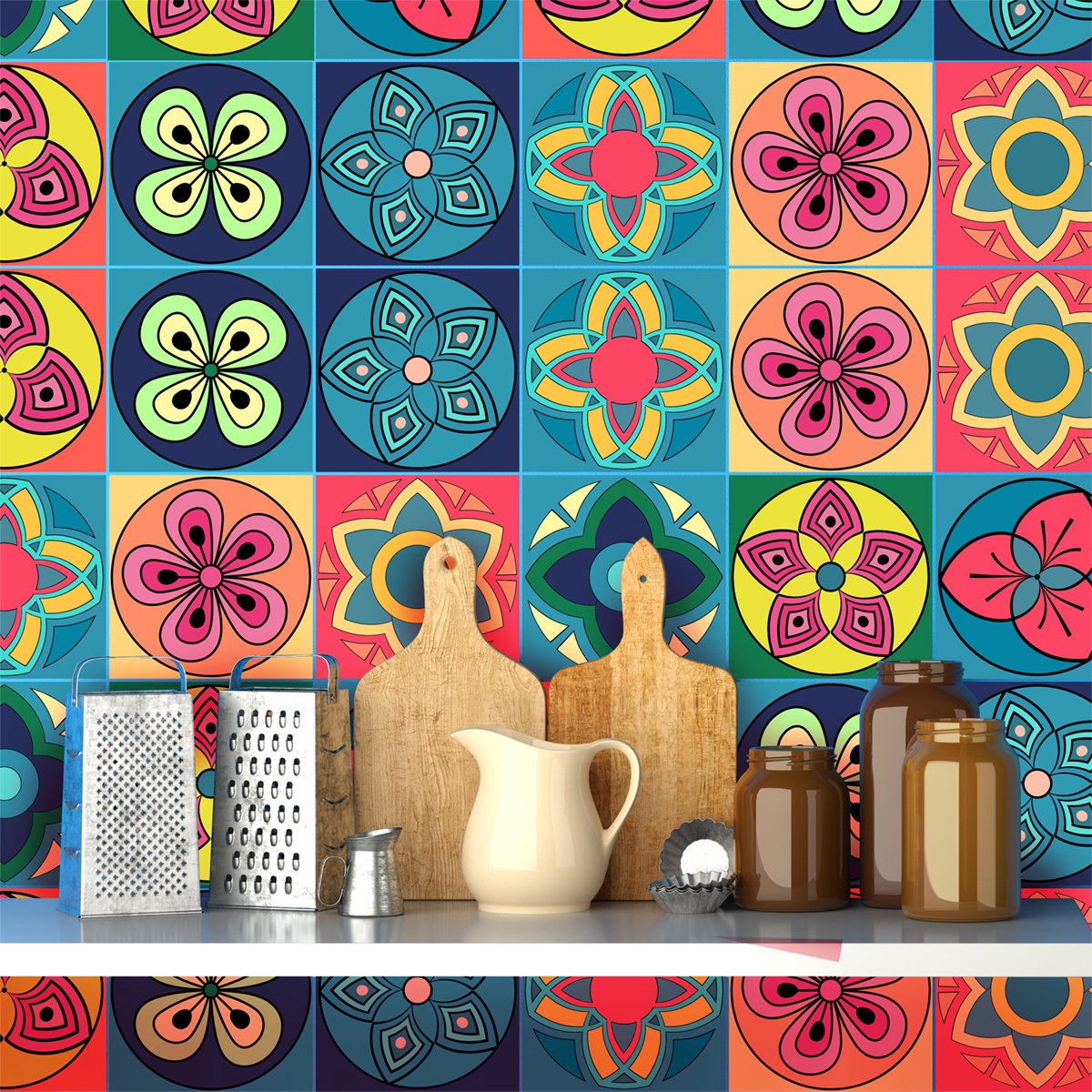 Ambiance Sticker Zelfklevende tegelmuurstickers voor keuken en badkamer - 9 vintage Azulejo tegelstickers met mozaïekornamenten - 9 stickers 20x20cm Multi color