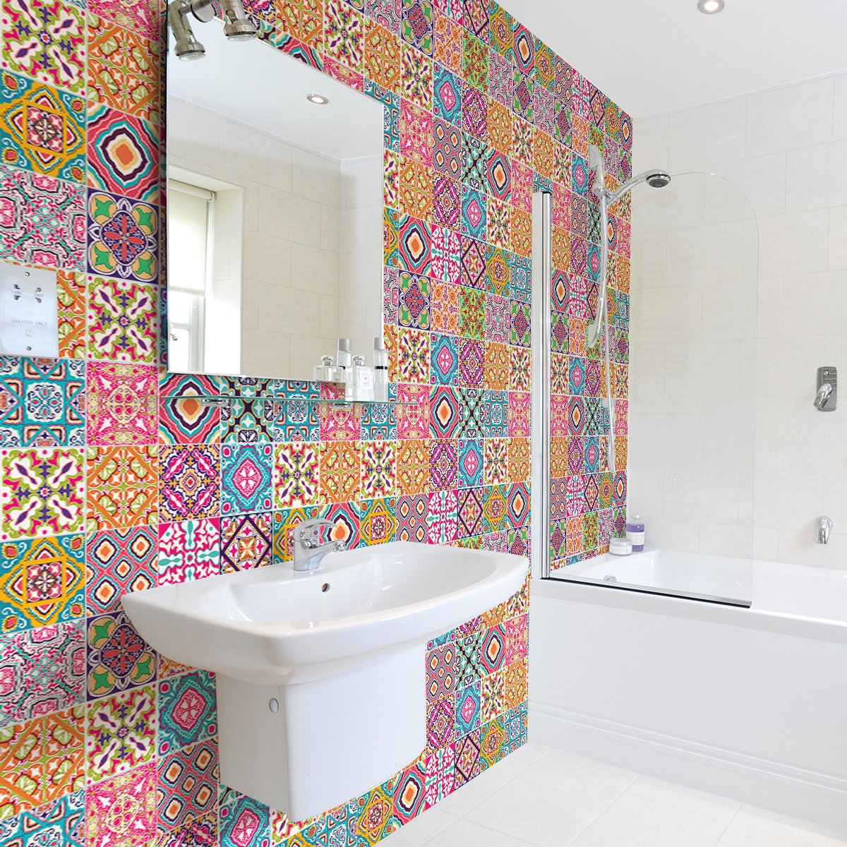 Ambiance Sticker Zelfklevende tegelmuurstickers voor keuken en badkamer - 30 cementtegelstickers, Azulejos Adelma - 30 stickers, 15x15cm Multi color