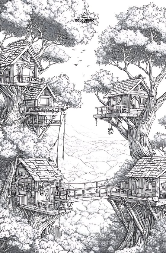 Gedetailleerde zwart-wit tekening van een boomhutten dorp, met bruggen tussen de hutten in een weelderige omgeving.