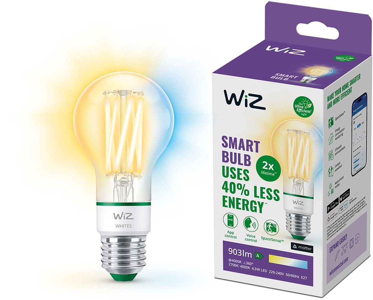 WiZ Filament Lamp - Warm- tot Koelwit Licht - Slimme LED Verlichting - UltraEfficient; Energieklasse A - E27 fitting - 60W - Transparant - Wi-Fi