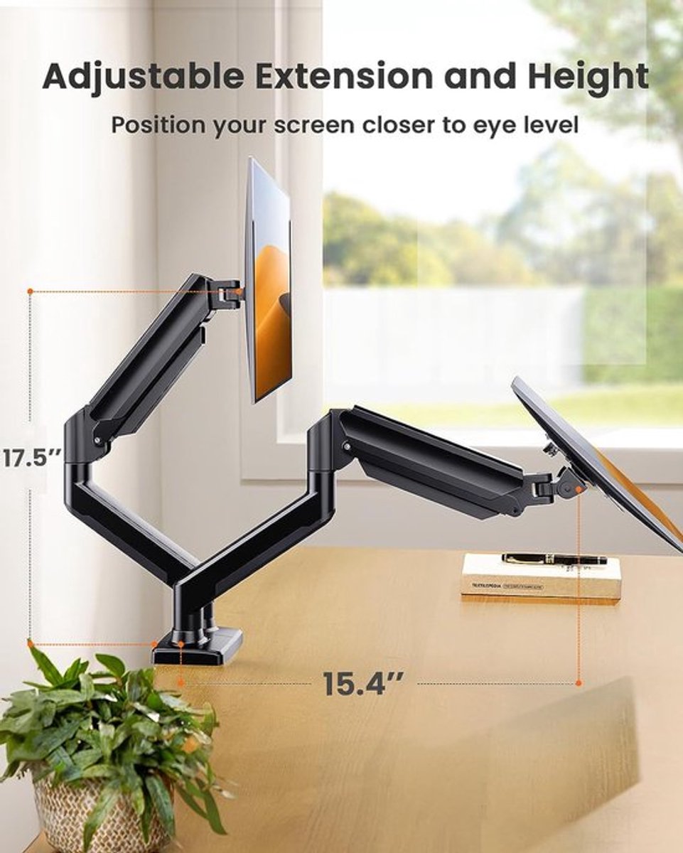 Sounix Dubbele Monitor arm - Tot 2x9kg - Monitor Beugel voor 13-32 Inch - Verstelbaar - Universeel - Zwart thumbnail 6
