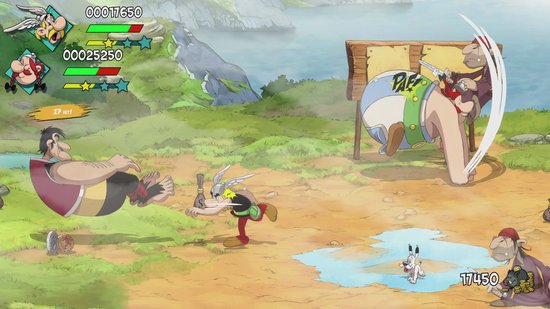 Asterix en Obelix tijdens een gevecht bij een waterplas. Een grote man ligt op de grond.