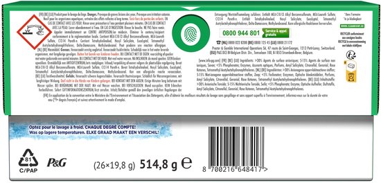 Achterkant van een Ariel 4in1 pods verpakking met productinformatie en ingrediëntenlijst.