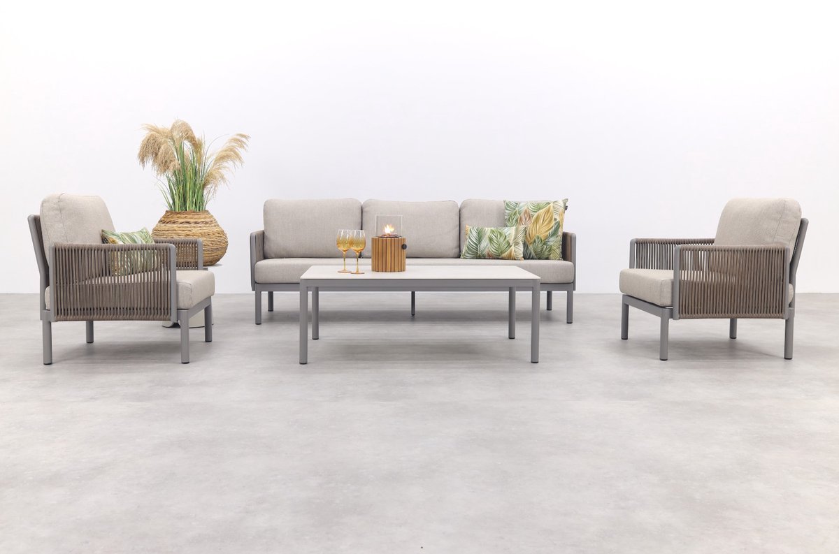 Sierra stoel-bank loungeset in naturel en grijs - tuinmeubelset.