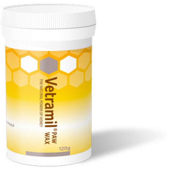 Vetramil Paw Wax 120g pot met honingraatpatroon.