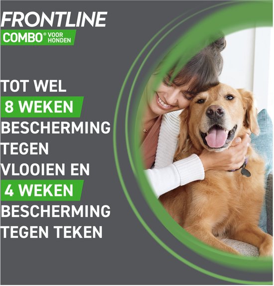 Een vrouw knuffelt een golden retriever. Tot wel 8 weken bescherming tegen vlooien en 4 weken tegen teken.