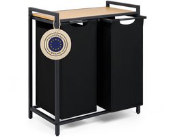 Blumtal Wasmand met 2 vakken - Wasmand met bamboe plank - Metalen frame - Wasmand met poten - Zwart