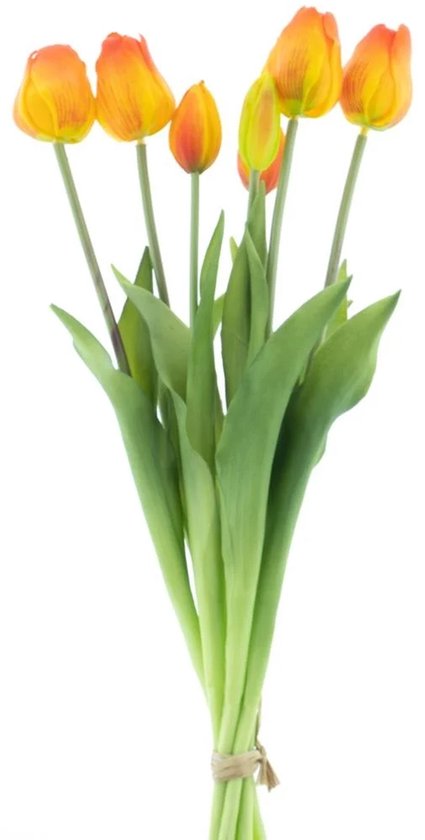 Bouquet de tulipes artificielles Bellatio Design Sally - 7 pièces - orange - toucher réel - 47 cm