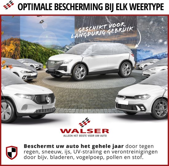 Witte auto's met Walser hoezen, omringd door diverse weersomstandigheden: herfst, zon, onweer en sneeuw.