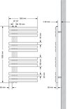 Technische tekening van een antraciet designradiator met afmetingen.